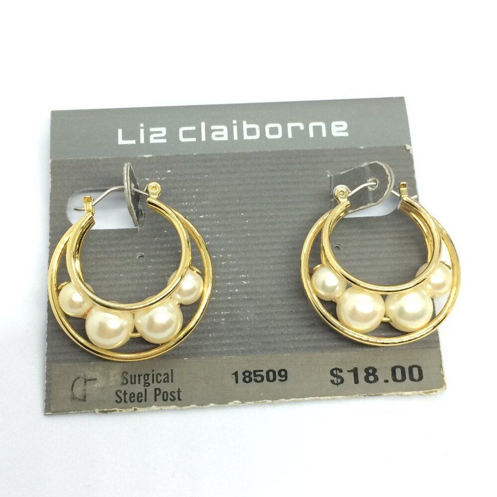VINTAGE LIZ CLAIBORNE Earrings Caged Faux Pearl Hoop Gold Tone Deadstock Pierced